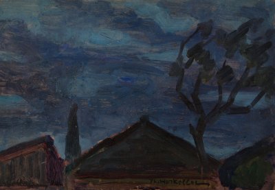 Evening from My Window in Patissia — Oil painting, Fiberboard, 19.00×27.00cm — Theodoros Markellos